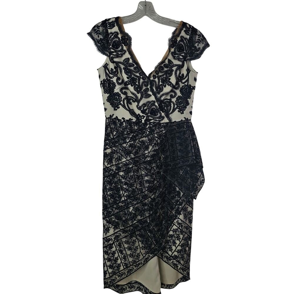 Marchesa Notte Lace V-Neck Asymmetrical Wrap Cocktail Dress - Black/Ivory size 2 - Picture 3 of 10